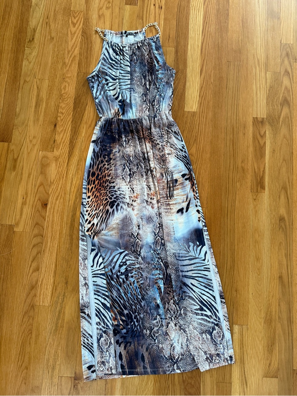 VENUS Chain-Strap Sleeveless Maxi Dress in Blue and Tan Animal Print